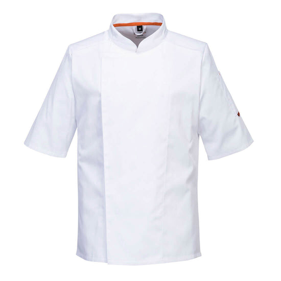 Portwest Stretch Mesh Air Pro Short Sleeve Jacket in white with orange inside of collar and fold over front.