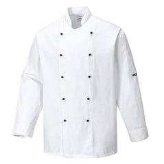 White Portwest Somerset Chefs Jacket. Jacket is long sleeve and has pen pocket on the arm.