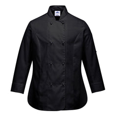 Black Portwest Rachel Ladies Long Sleeve chef jacket. Jacket is button fasten.