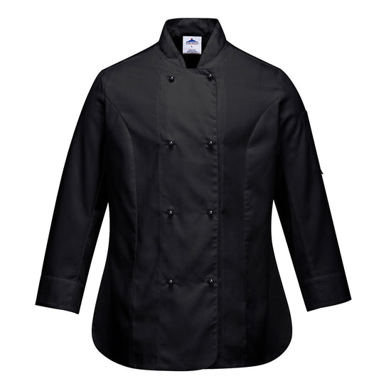 Black Portwest Rachel Ladies Long Sleeve chef jacket. Jacket is button fasten.