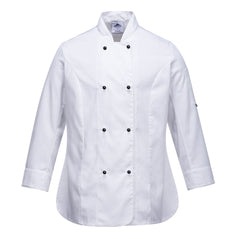 White Portwest Rachel Ladies Long Sleeve chef jacket. Jacket is button fasten.