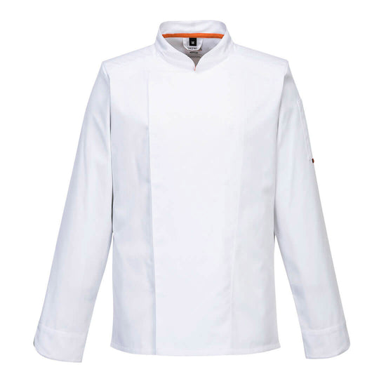 Portwest Stretch Mesh Air Pro Long Sleeve Jacket in white with orange inside collar and flap over front.