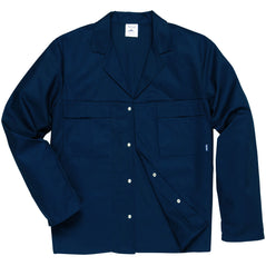 Navy Portwest Mayo Jacket. Jacket has pockets on the chest and is pop button fasten.