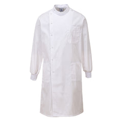 White Howie lab coat. Coat has was it pockets and a chest pocket. Coat is long sleeved and has elasticated wrist cuffs. Coat is pop button fasten.
