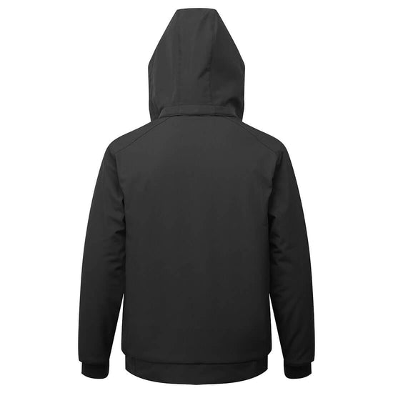 Back of Portwest WX2 Eco Insulated Softshell Jacket in black with hood and elasticated cuffs.