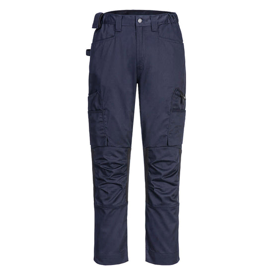 Portwest WX2 Eco Stretch Trade Trousers in dark navy with button and zip fly fastening, belt loops on waist band, pockets on top and sides and knee patches.