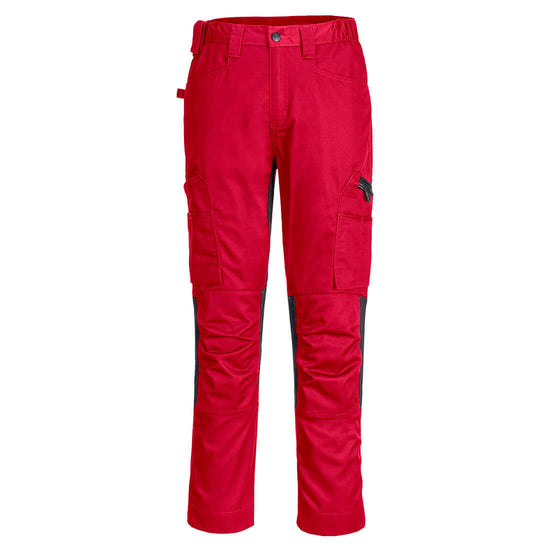 Portwest WX2 Eco Stretch Trade Trousers in deep red with button and zip fly fastening, belt loops on waist band, pockets on top and sides and knee patches.