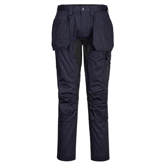 Portwest WX2 Eco Stretch Holster Trousers in dark navy with button and zip fly fastening, belt loops on waist band, Flap holster pockets on waist band, pockets on top and sides and knee patches. Black panels on insides of legs and side of knees.