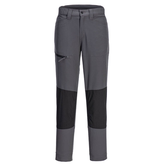 Portwest WX2 Eco Women's Stretch Work Trousers in metal grey with button and zip fastening, belt loops on waistband, two pockets at top and black zipped pocket on side and panels on knees.