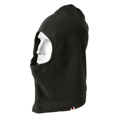 Black fleece balaclava with hole for eye.