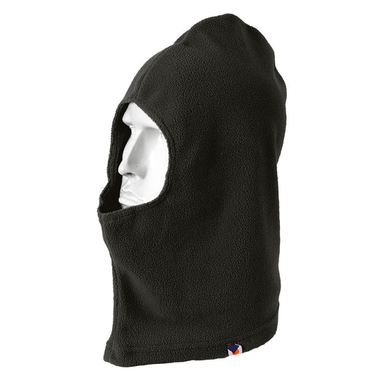 Black fleece balaclava with hole for eye.