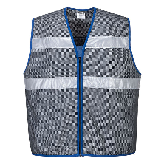 Grey Cooling vest with two reflective strips across chest, black full zip fastening and blue piping around edges.