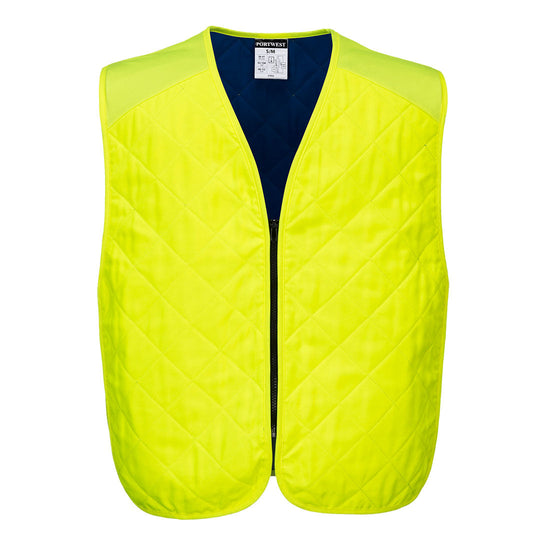 Yellow cooling vest with blue inner. Optimised for keeping your body cool in hot temperatures.