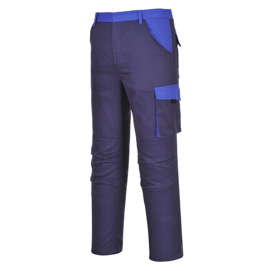 Navy portwest Poznan trouser. Trousers have knee pad, side, back and cargo style pockets. Pockets on the back and cargo as well as belt area have a royal blue contrast.