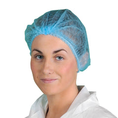 Blue disposable mob cap. ob caps have elasticated forehead area.