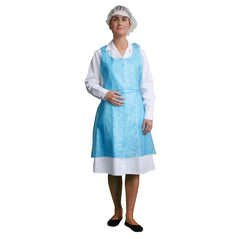 Blue disposable PE bib apron.