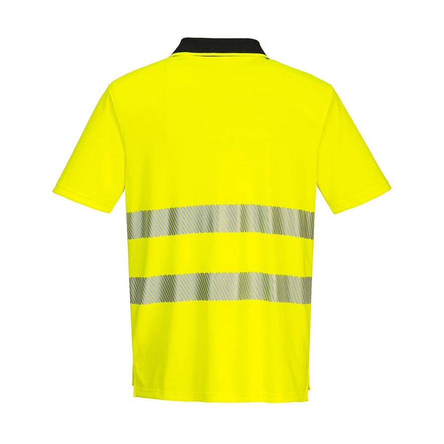 Yellow DX4 Hi-Vis Polo Shirt S/S and orange zip and detail on right collar bone with reflective strips across middle