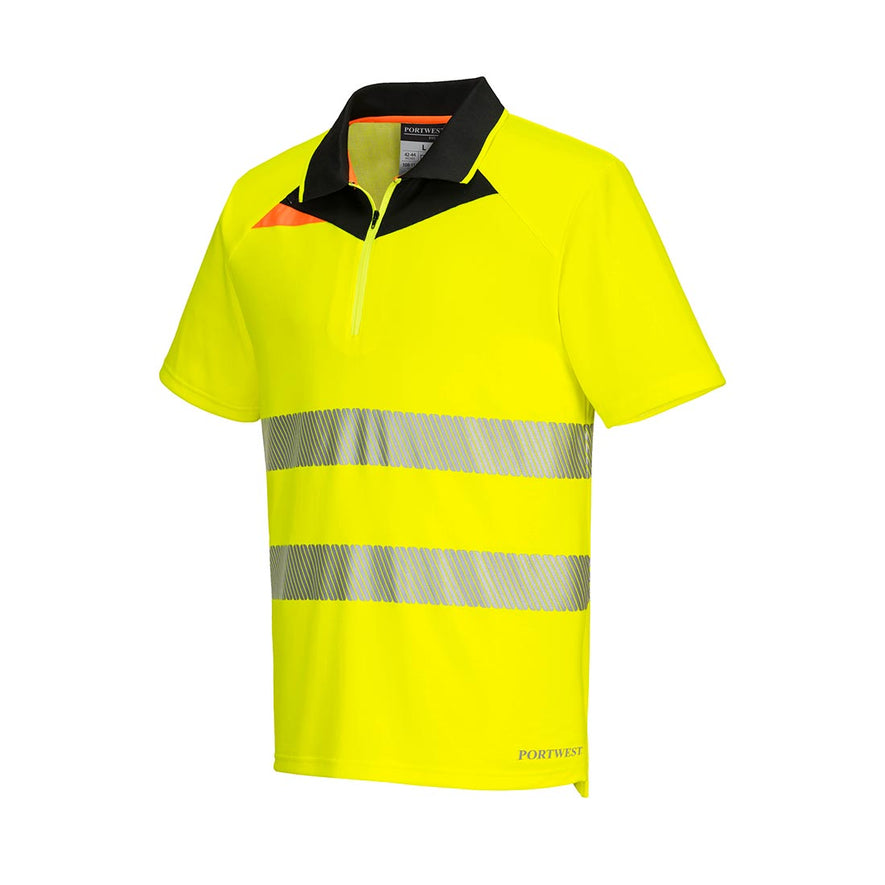 Yellow DX4 Hi-Vis Polo Shirt S/S and orange zip and detail on right collar bone with reflective strips across middle