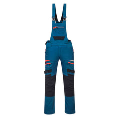 Metro Blue DX4 work bib and brace with large chest pocket and visible tool loops on the legs. Bib and brace have orange trim on the zips and shoulder braces with black trim on the kneepad area.