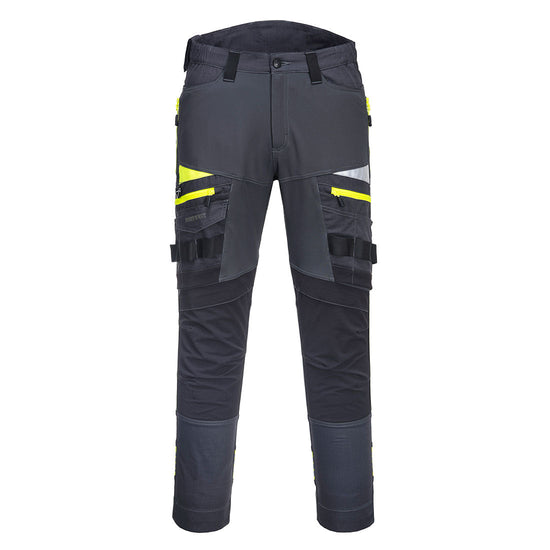 Metal grey DX4 work Trouser with zip pockets on each thigh and yellow leg contrast around the zips. With black kneepad pockets.