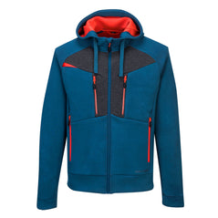 Metro Blue DX4 zip hooded sweatshirt. hoodie has grey and orange contrast on the zips and chest. Side and chest pockets as well as visible hood with drawstring tighten.