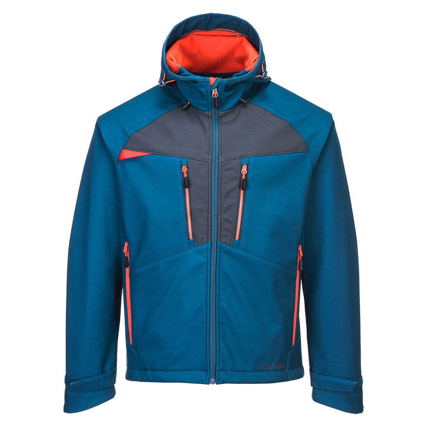 Metro blue DX4 softshell jacket. jacket has grey and orange contrast on the zips and chest. Side and chest pockets.