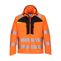 Orange DX4 Hi-Vis Softshell jacket with hood and black chest