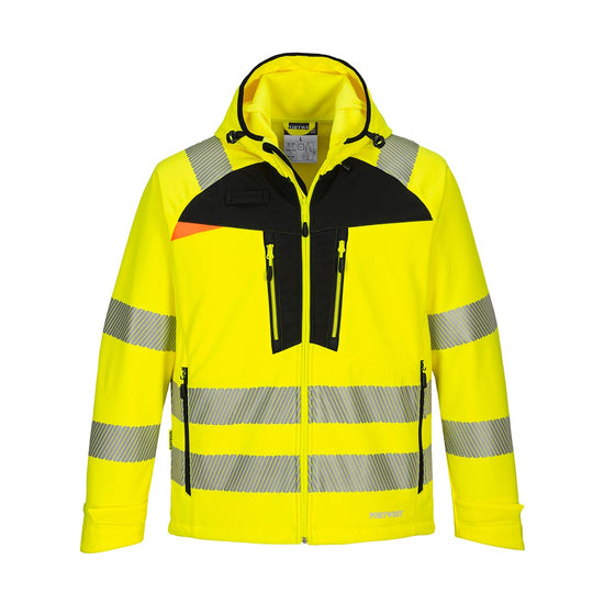 Yellow DX4 Hi-Vis Softshell jacket with hood and black chest
