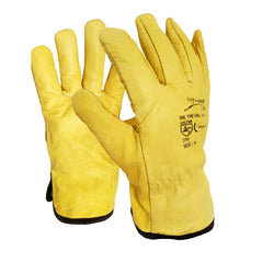 Yellow leather drivers gloves. Gloves have a black cuff.  