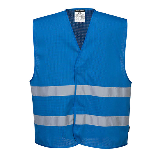 Royal Blue Iona Portwest Mesh Air Hi-Vis Vest. Vest has hi vis strips on the body.