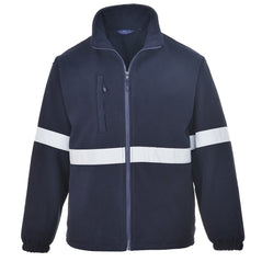 Navy iona hi vis lite fleece jacket. Jacket has one hi vis waist band, sip pocket on the chest. Jacket is also full zip fasten.