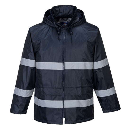 Navy classic Iona hi vis rain jacket. Jacket is zip fasten with two bands on the arms and body. visible hood.