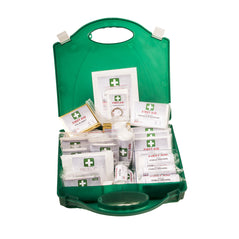 Green Portwest workplace first aid kit. First aid box is open to show all components of the kit.