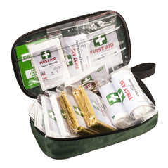 Green portwest viechle First aid kit. Kit is green with zip close and has first aid items on the inner.
