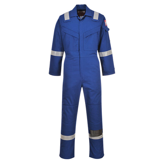 Royal Blue coverall with zip front fasten and hi vis bands on both ankles arms and shoulders.pockets with zip fasten on both sides of the chest. pockets made visible for kneepads.