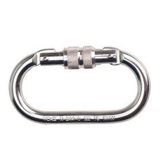 Silver screwgate carabiner. Carabiner has screw tighten in the middle.