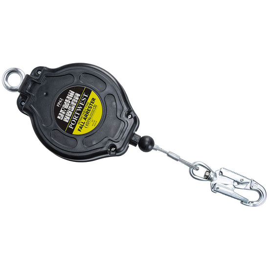 black fall arrest block with a silver clip and clasp on the end. Yellow sticker.