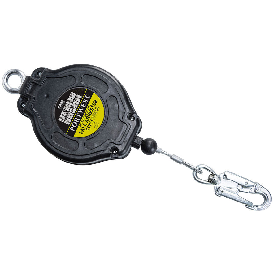 black fall arrest block with a silver clip and clasp on the end. Yellow sticker.