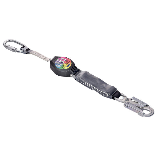 Black Portwest retract lifeline. Lifeline has a black plastic middle. Clip with twist top carabiner and hood on the bottom.