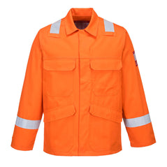 Orange Bizflame Plus Jacket with hi-vis strips on arm and shoulders and chest and side pockets