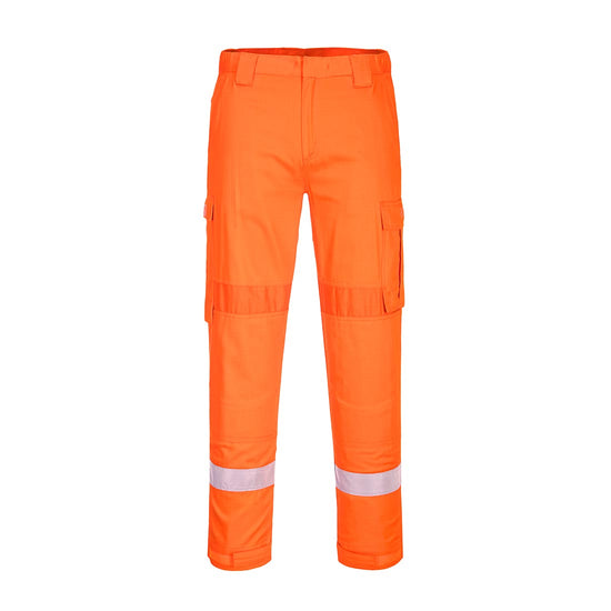 Orange Bizflame Plus Lightweight Stretch Panelled Trouser with belt loops and reflective strips on shins