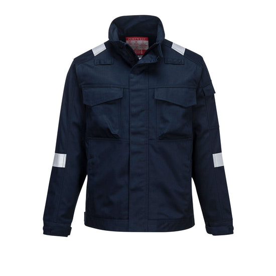 Navy Bizflame Ultra Jacket with hi-vis strips on the arms and shoulders.