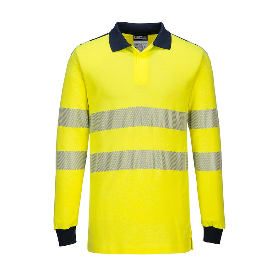WX3 Flame Resistant Hi-Vis Polo Shirt in yellow with navy cuffs and neck. Shirt has hi vis bands on the waist and arms.