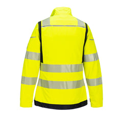 Back of Portwest PW3 Flame Resistant Hi-Vis Women's Work Jacket in yellow with black panels on shoulders, sides and bottom of jacket. Reflective strips on shoulders, front and arms.