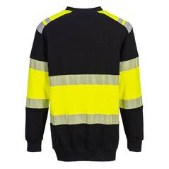 Back of Portwest PW3 Flame Resistant Sweatshirt with yellow shoulders and middle of chest and arms and black on top section and bottom of body and arms. Reflective tape on shoulders, arms and body.