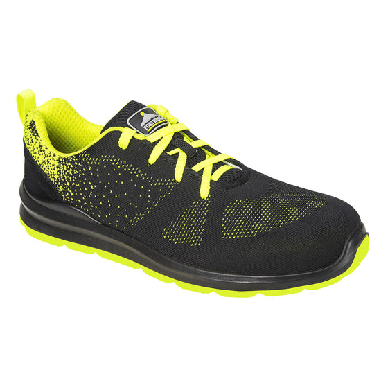 Black Portwest Steelite Aire Safety Trainer.  Trainer has a yellow sole. Protective toe, Yellow contrast on the laces and dotted through out the shoe.