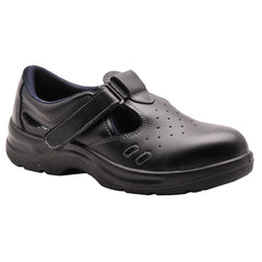 Black Portwest Steelite Safety Sandal. Sandal a black sole, protective toe, velcro fasten and has perforated parts through out for breathability.