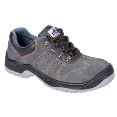 Grey Steelite Perforated Safety Trainer. Trainer has a black sole and grey sole upper. Trainer has black and orange laces. Trainer has orange stitching through out.