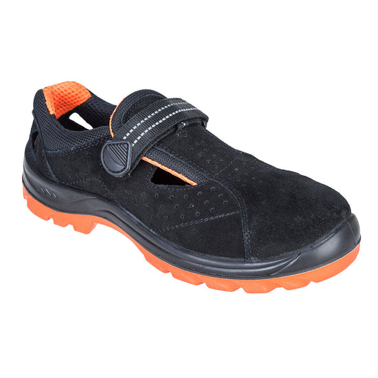 Black portwest Steelite Obra Safety Sandal. Sandal has an orange sole. Sandal has velcro fasten.