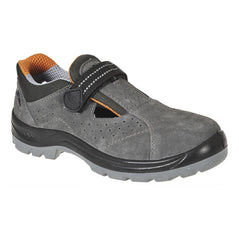 Grey portwest Steelite Obra Safety Sandal. Sandal has an grey sole and black sole upper. Sandal has velcro fasten in black.